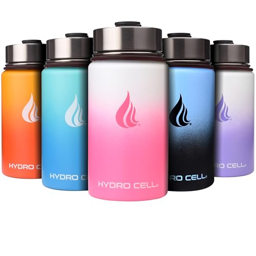 HYDRO CELL Stainless Steel Insulated Water Bottle with Straw - For Cold & Hot Drinks - Metal Vacuum Flask with Screw Cap and Modern Leakproof Sport Thermos for Kids & Adults (White/Pink 14oz)